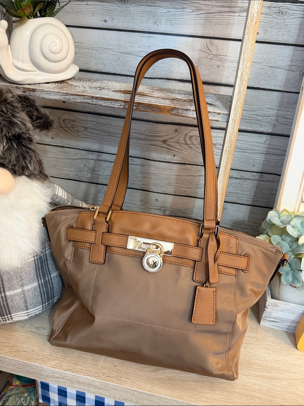 Michael Kors Tan Brown Leather Shoulder Tote with Gold Hardware